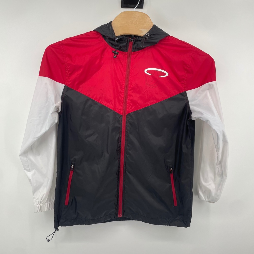 NBA Miami Heat Windbreaker Mens Medium Red Black White Chevron Hooded Jacket